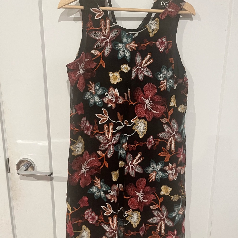 ECI Black Dress with Multicolor Floral Embroidery